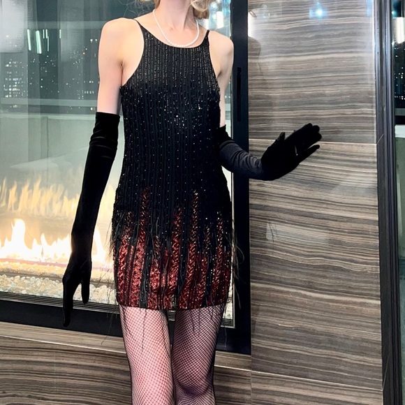 Parker Black Red Beaded Mini Dress Feathers XS - Picture 7 of 7